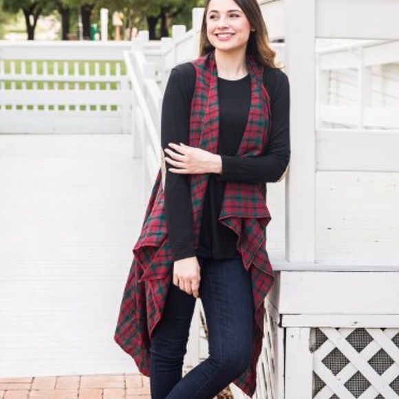 Plaid woven red green vest ONE SIZE - Picture 2 of 3